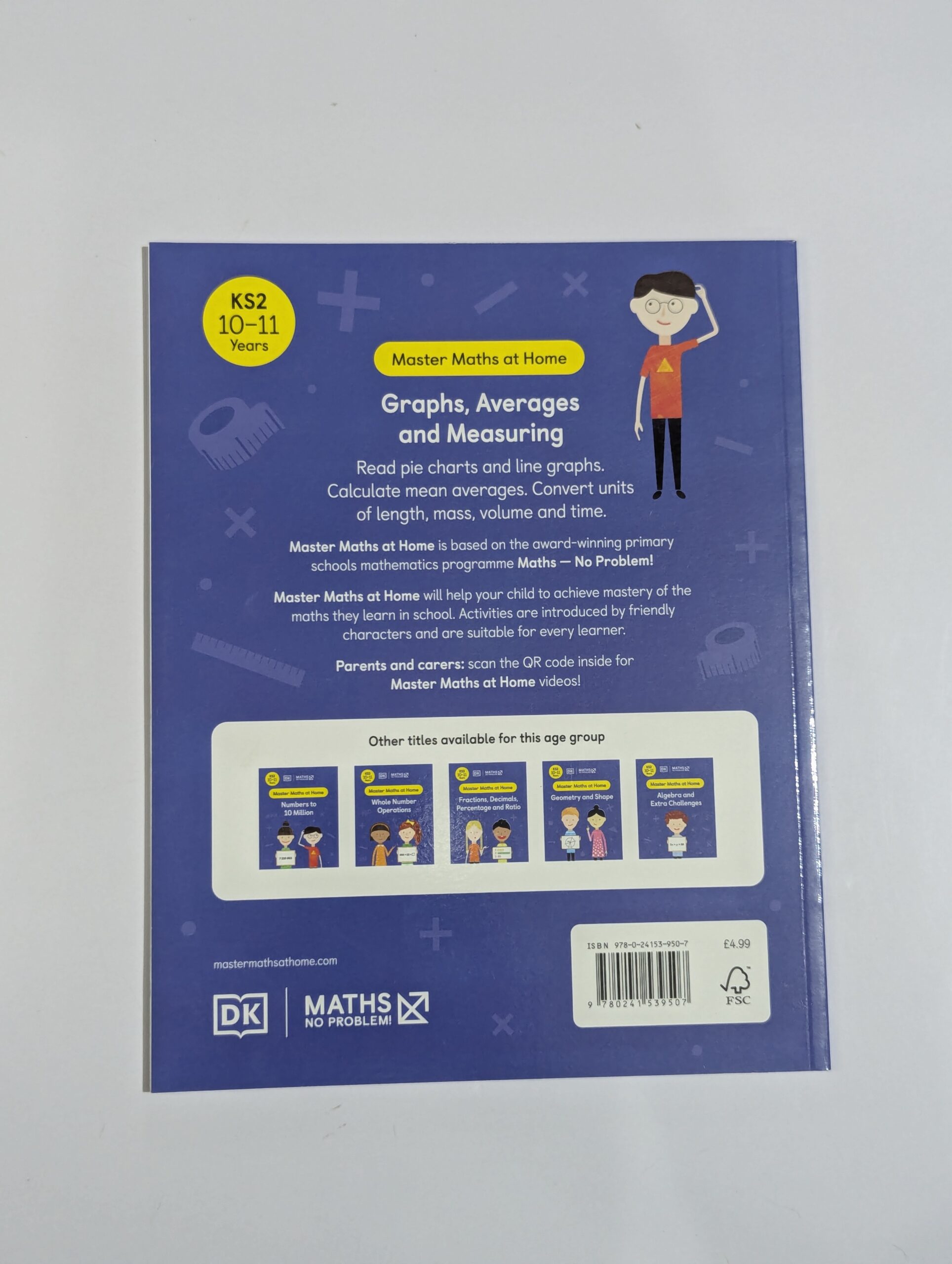 Inside spread from DK Maths No Problem Graphs Averages and Measuring showing data handling and measurement activities for ages 10 to 11