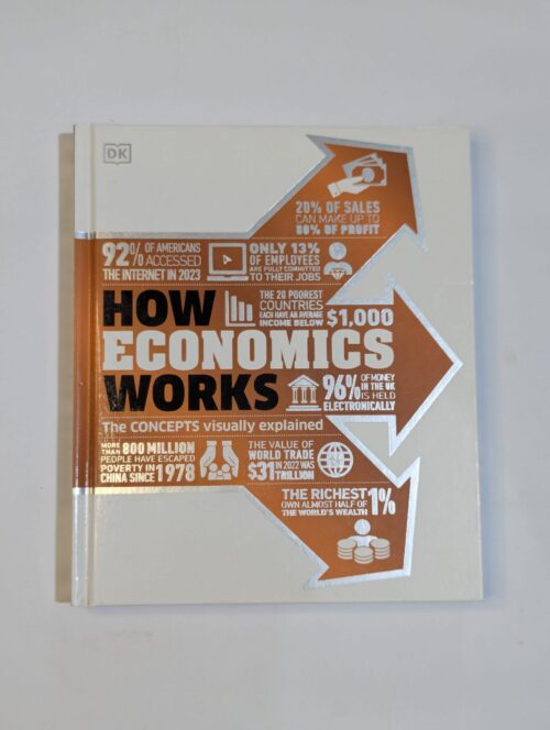 How Economics Works book cover by DK featuring statistics about wealth inequality, digital money, global trade, poverty reduction, and employment — economics concepts visually explained for beginners
