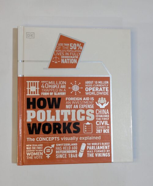 DK book cover — How Politics Works — the concepts visually explained with infographics about democracy, foreign aid as investment, and the world's oldest Viking parliament