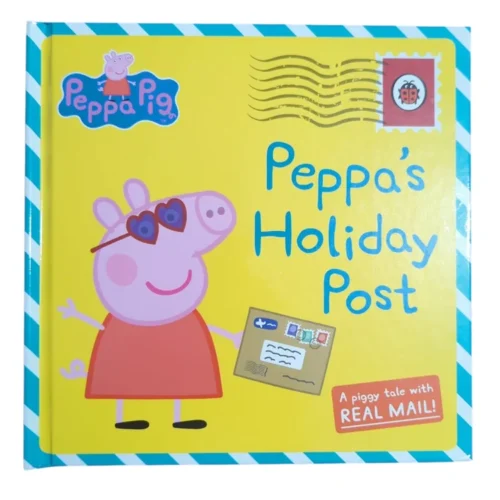 Book cover of 'Peppa's Holiday Post' featuring Peppa Pig with sunglasses and a letter.