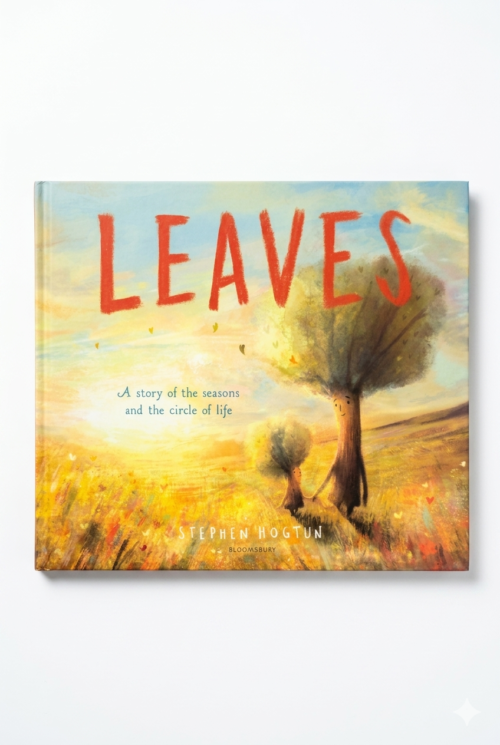 Leaves book cover by Stephen Hogtun featuring an illustration of two trees with golden leaves