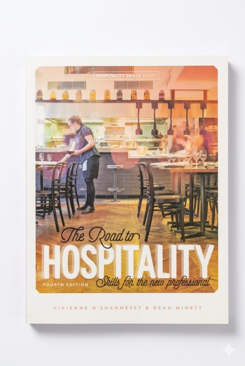 The Road to Hospitality 4th Edition book cover by Vivienne O'Shannessy and Dean Minett, part of the Cengage Hospitality Skills Series