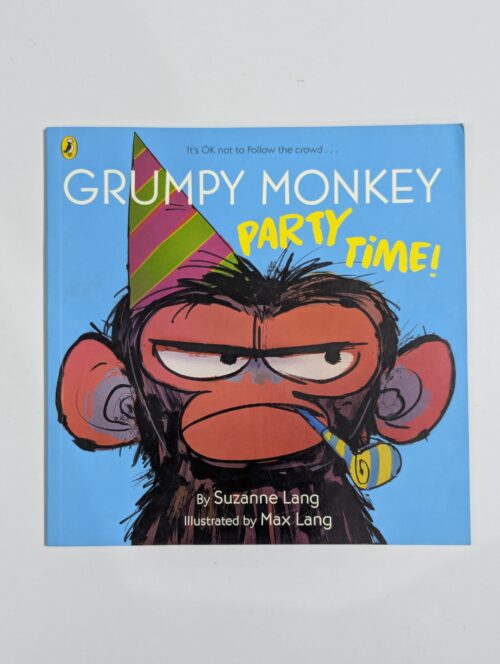Grumpy Monkey Party Time book cover by Suzanne Lang and Max Lang — Jim Panzee learns it's OK not to follow the crowd — funny picture book for ages 3 to 7