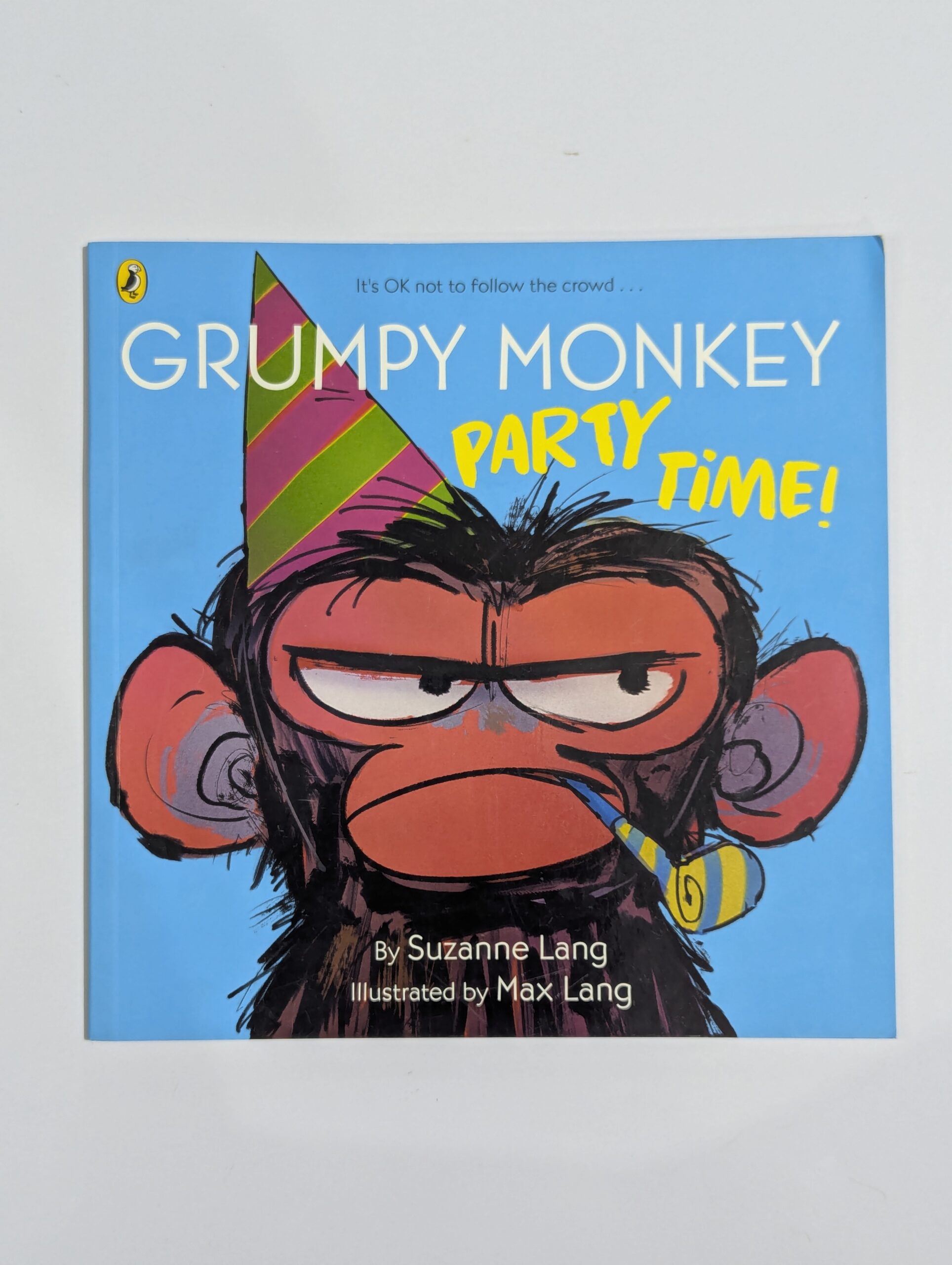 Grumpy Monkey Party Time book cover by Suzanne Lang and Max Lang — Jim Panzee learns it's OK not to follow the crowd — funny picture book for ages 3 to 7