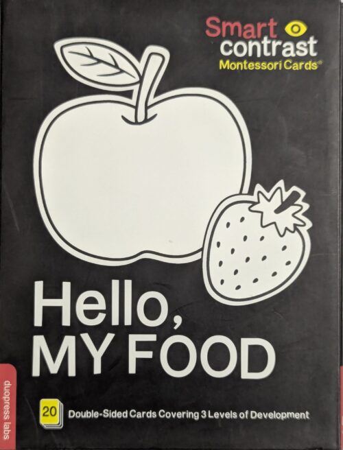 Smart Contrast Montessori Cards Hello My Food by duopress labs — 20 double sided cards covering 3 levels of development — high contrast images for babies and toddlers