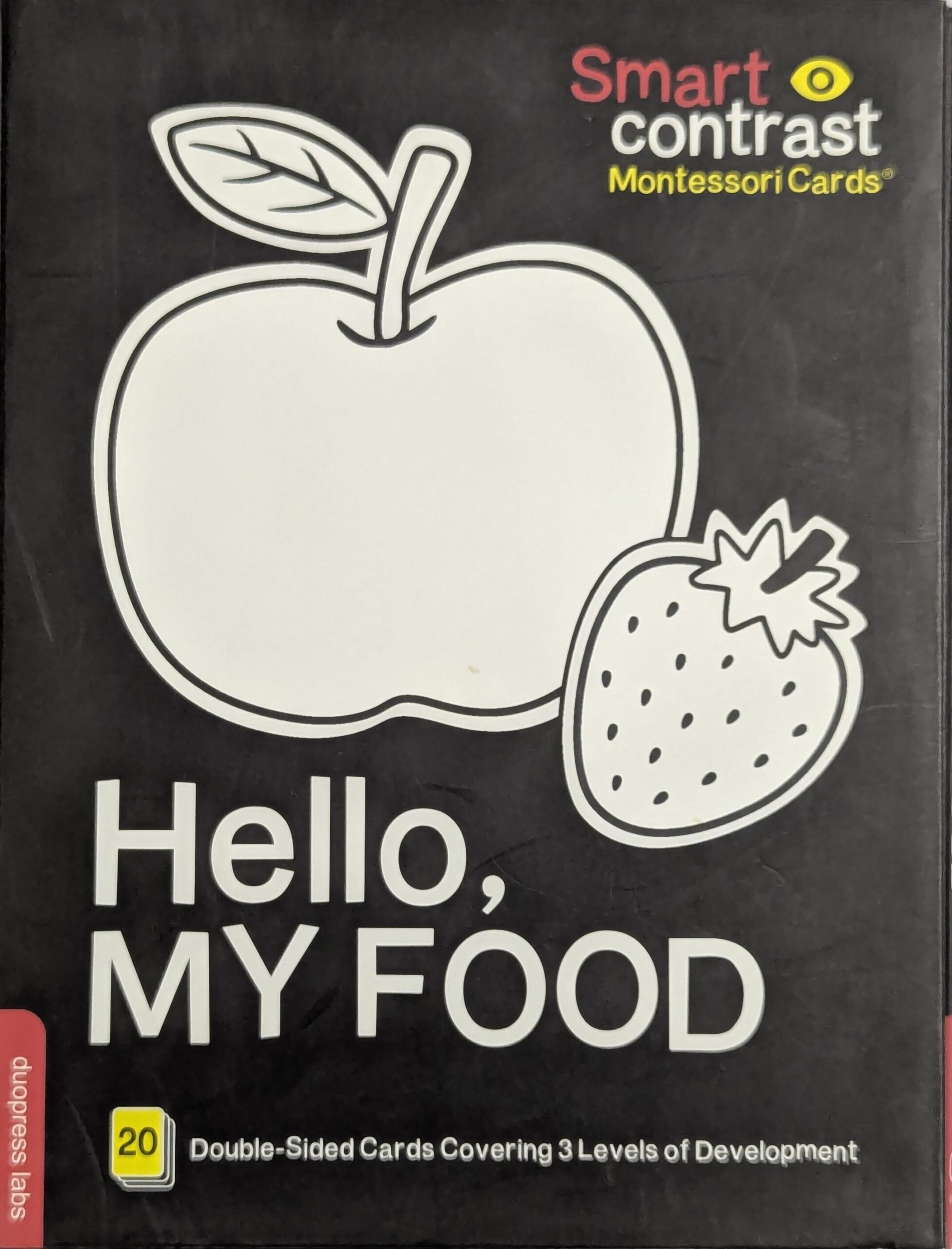 Smart Contrast Montessori Cards Hello My Food by duopress labs — 20 double sided cards covering 3 levels of development — high contrast images for babies and toddlers
