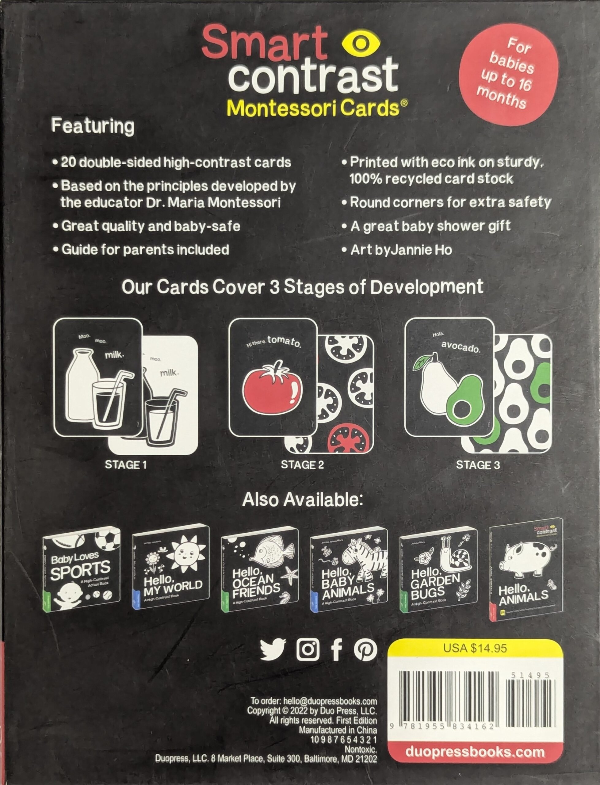Close up of Smart Contrast Montessori Cards showing food images with high contrast black and white and colour phases