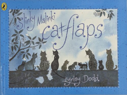 Slinky Malinky Catflaps book cover by Lynley Dodd — mischievous black cat discovers a catflap — picture book for ages 2 to 6