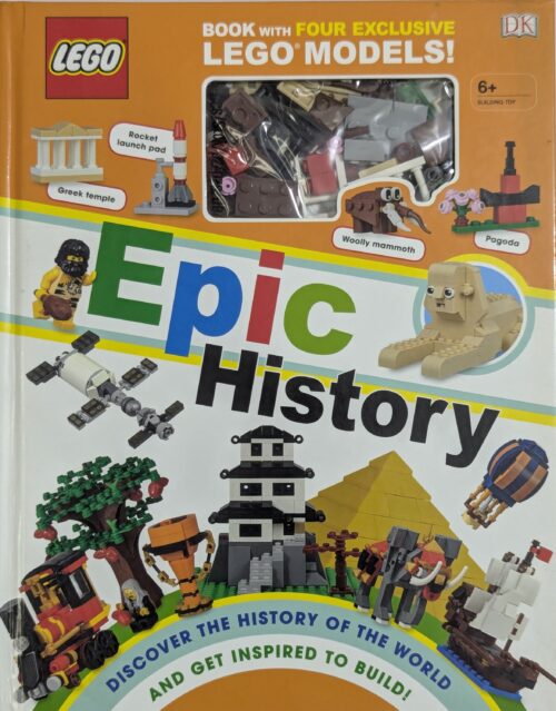 LEGO The World book by DK — includes 4 exclusive LEGO models rocket launchpad Greek temple woolly mammoth pagoda — for ages 6 and up