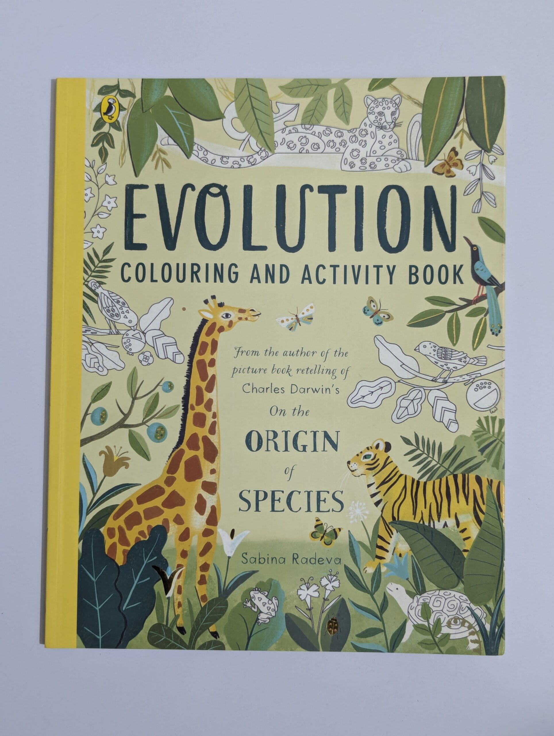 Evolution Colouring and Activity Book cover by Sabina Radeva featuring colourful illustrations of animals and evolutionary concepts