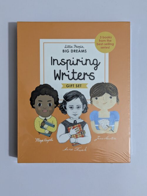 Little People BIG DREAMS Inspiring Writers gift set box featuring Maya Angelou, Anne Frank and Jane Austen hardback books
